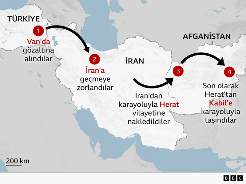 Bir BBC haritası, göçmenlerin İran sınırına en yakın Türk şehri olan Van'dan Afganistan'ın başkenti Kabil'e yolculuğunu gösteriyor.